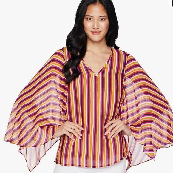 Trina Turk La Paz Striped Multicolored Wide Sleeve Blouse size Large - Picture 1 of 8